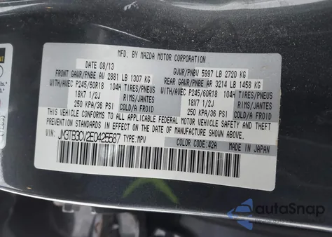 2014 Mazda Cx-9 Touring from USA, damaged, VIN JM3TB3CV2E042558